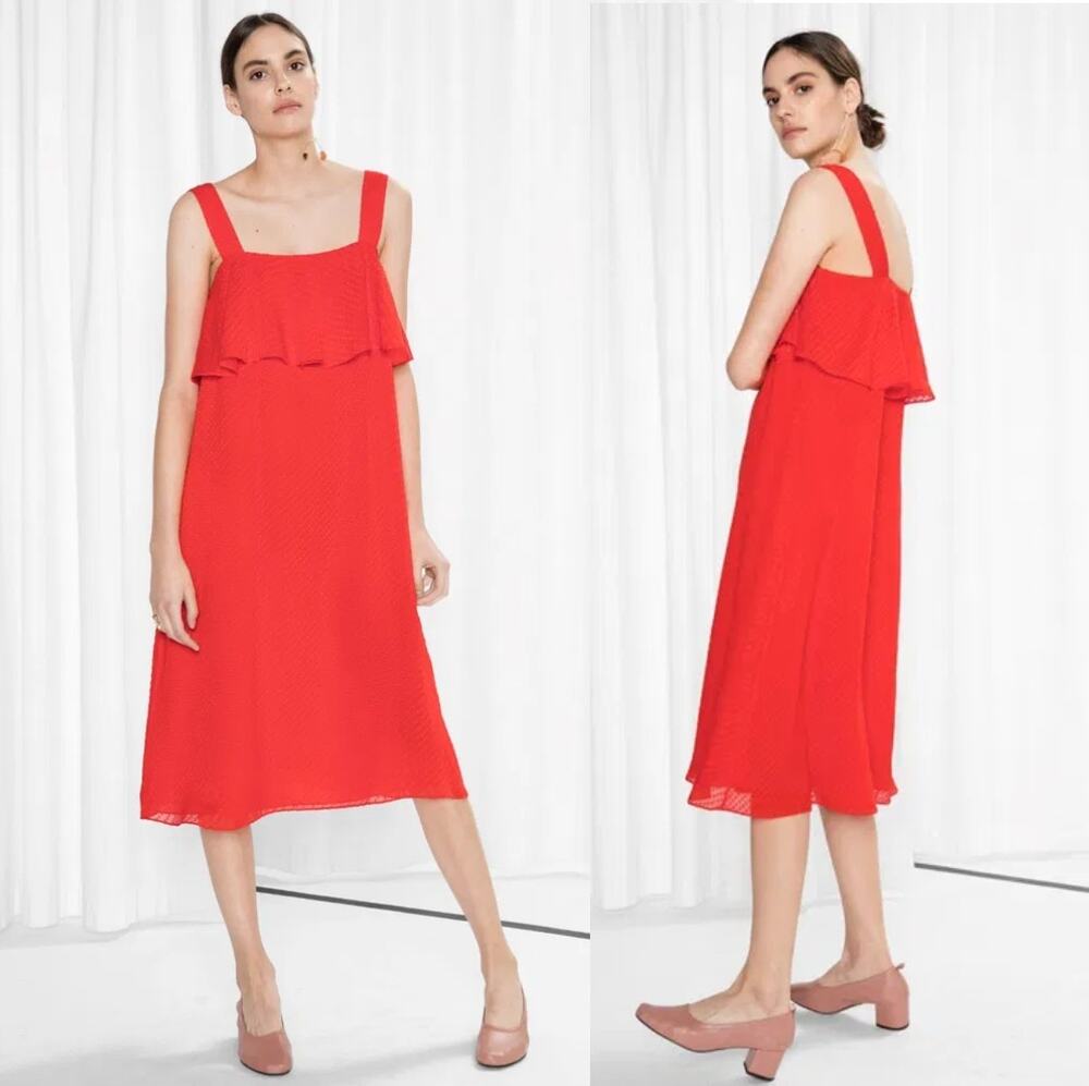 & Other Stories Red Sheer Silk Dress Flounce Midi Sleeveless Swing Wmns Size 2